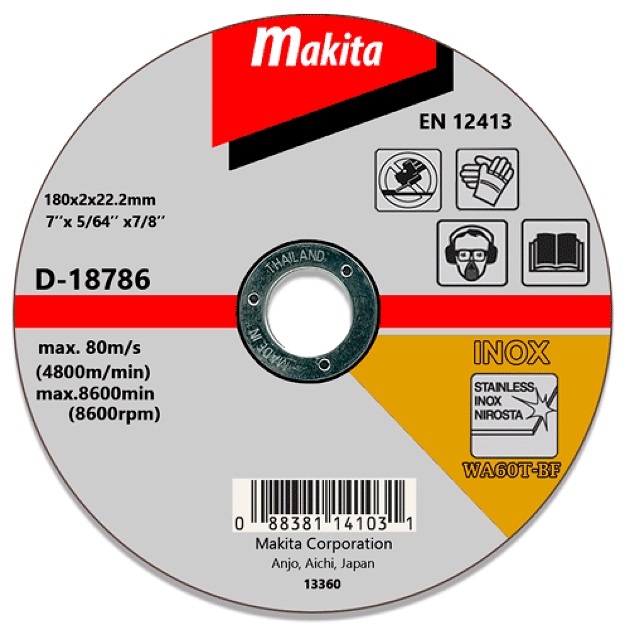 Makita D 18786 Thin Cut off Wheels for Stainless Steel Flat Center D series 180X2X22.23mm Grit WA36R